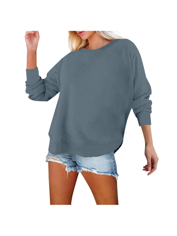 Women Cotton Sweatshirts Casual Loose Crewneck Long Sleeve Pullover Sweatshirt Comfy Lightweight Fall Winter Side Split Tops