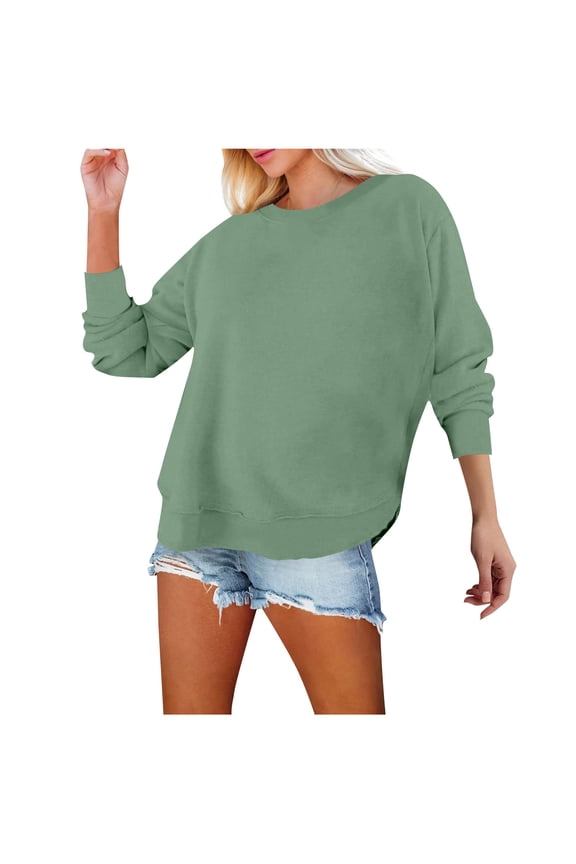 Women Cotton Sweatshirts Casual Loose Crewneck Long Sleeve Pullover Sweatshirt Comfy Lightweight Fall Winter Side Split Tops
