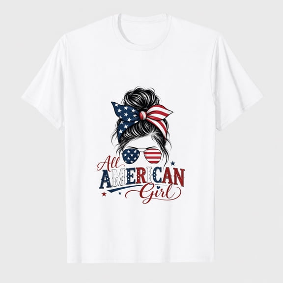 Women Cotton T-Shirt Patriotic Flag Bow Graphic Vintage Casual Tee for July 4th