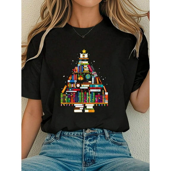 Women Cotton Tshirt Christmas Library Tree Gift For Librarian And Book Lover T-Shirt Comfort Tshirt Women