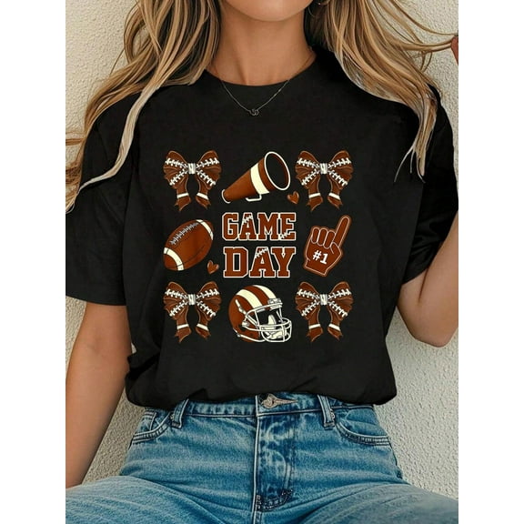 Women Cotton Tshirt Coquette Bow Funny Football Lover Game Day Football T-Shirt Comfort Tshirt Women