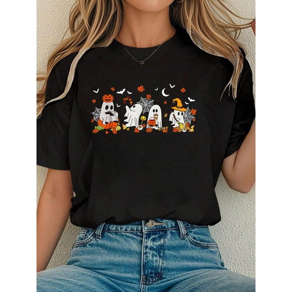 Women Cotton Tshirt Cute Ghost Drinking Coffee Halloween Fall Ghost Book Reading T-Shirt Comfort Tshirt Women