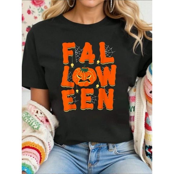 Women Cotton Tshirt FALLOWEEN Pumpkin Spider Web Cute Fall Halloween T-Shirt Comfort Tshirt Women