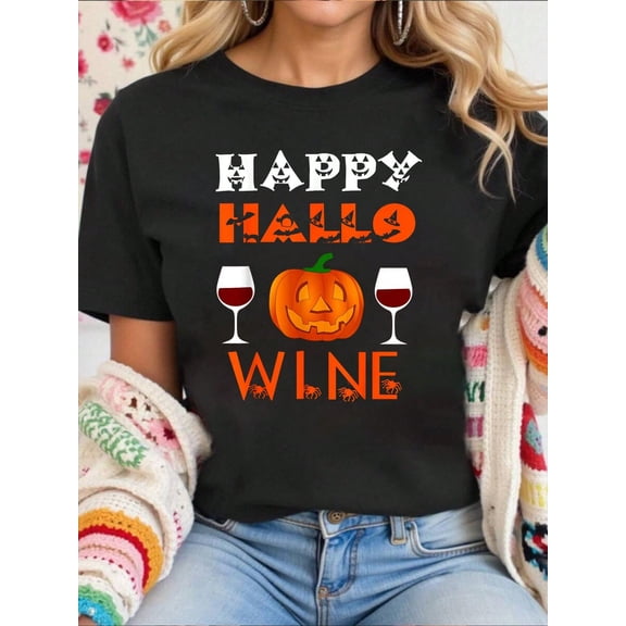Women Cotton Tshirt Happy Hallo Wine Halloween T-Shirt Comfort Tshirt Women