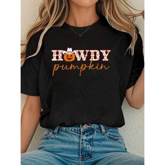 Women Cotton Tshirt Howdy Pumpkin Halloween Shirt Retro Fall Autumn Western T-Shirt Comfort Tshirt Women