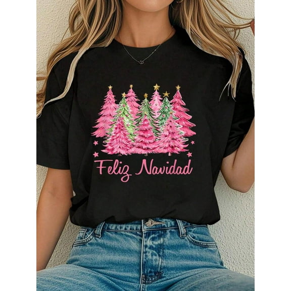 Women Cotton Tshirt Merry Pinkmas Pink Christmas Tree Funny Feliz Navidad T-Shirt Comfort Tshirt Women