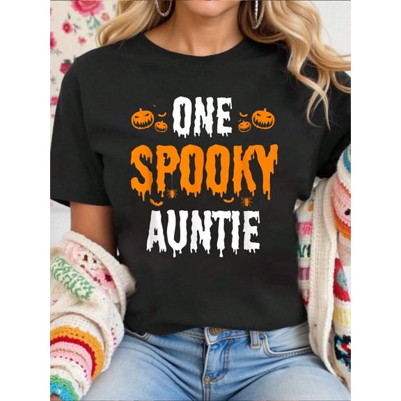 Women Cotton Tshirt One Spooky Auntie Aunt Matching Family Halloween T-Shirt Comfort Tshirt Women