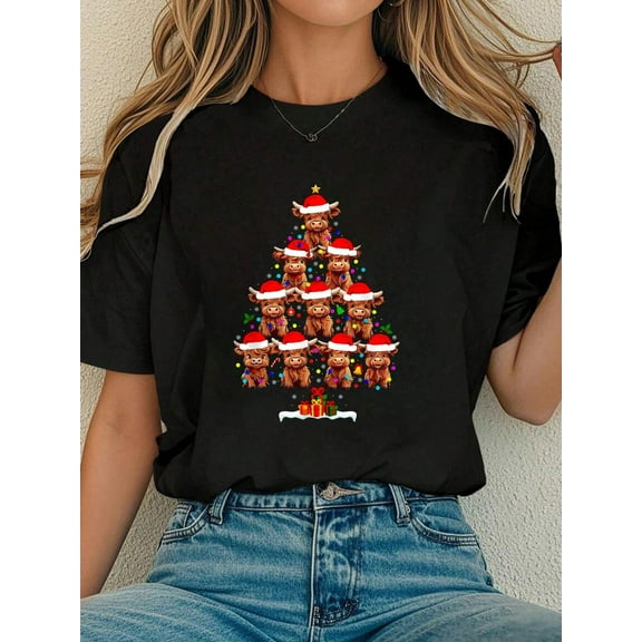 Women Cotton Tshirt Scottish Highland Cow Christmas Tree Lights Xmas Pajamas T-Shirt Comfort Tshirt Women