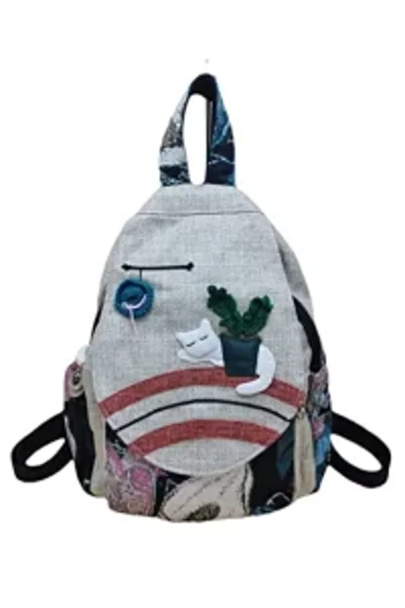Women Cotton Woven Hippie Hemp Boho Canvas Embroidery Multi Pocket Retro Cute Backpack Wallet Backpack Kitty