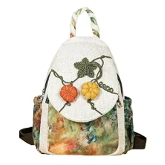 Women Cotton Woven Hippie Hemp Boho Canvas Embroidery Multi Pocket Retro Cute Backpack Wallet Backpack pumpkin