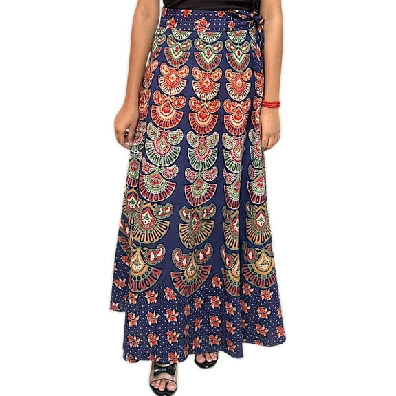 Women Cotton Wrap Around Skirt One Size Jaipuri Floral Printed Boho Blue