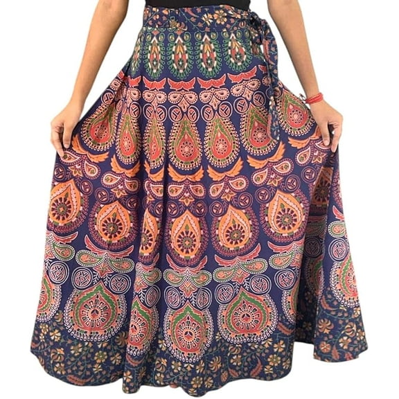 Women Cotton Wrap Around Skirt One Size Jaipuri Floral Printed Boho Multi Blue