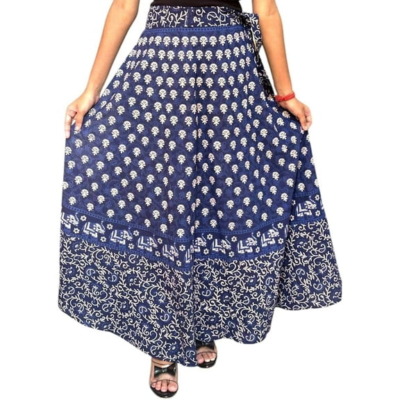Women Cotton Wrap Around Skirt One Size Jaipuri Floral Printed Boho Navy Blue