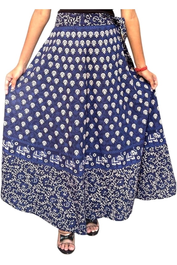 Women Cotton Wrap Around Skirt One Size Jaipuri Floral Printed Boho Navy Blue