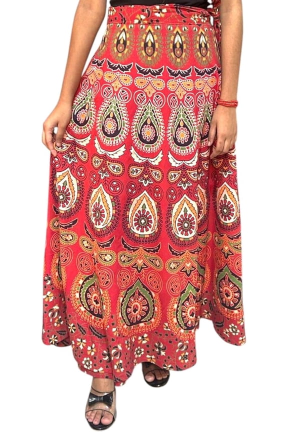 Women Cotton Wrap Around Skirt One Size Jaipuri Floral Printed Boho Red