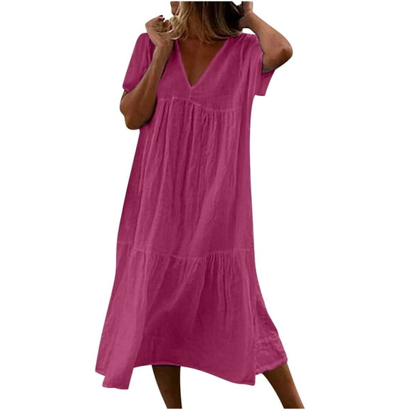 Women Cotton and Linen Shirt Dress Casual Loose Maxi Dresses Summer Baggy Solid Color Midi Dress Tiered Sun Dress 2023