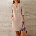thumbnail image 1 of Women Cotton and Linen Shirt Dress Striped Neck Long Sleeve Casual Loose Maxi Dresses with Two Pockets, 1 of 5