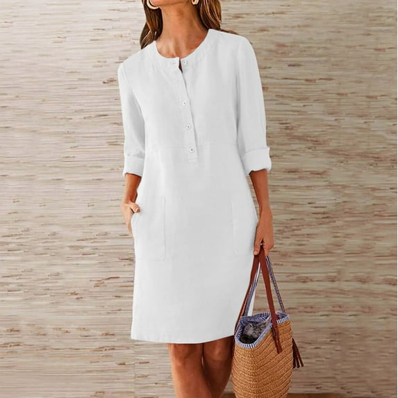Women Cotton and Linen Shirt Dress Striped Neck Long Sleeve Casual Loose Maxi Dresses with Two Pockets