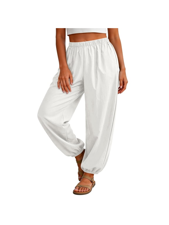Women Cotton hemp Pants Summer Casual Vintage Pockets Thin Beach Trousers Female Elastic Waist Wide Leg Retro Loose Harem Pants