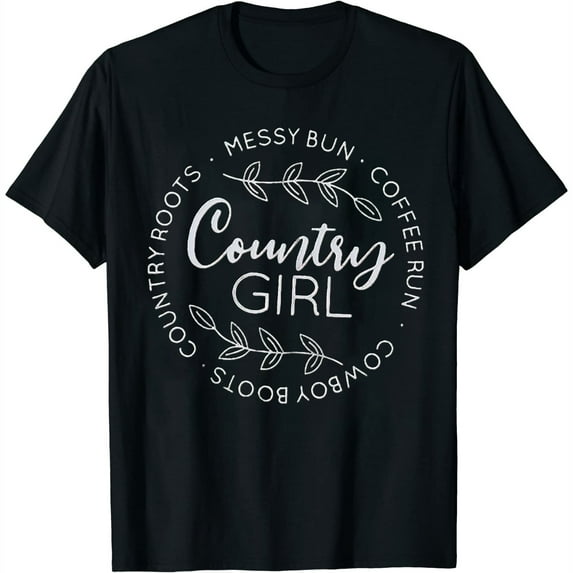 Women Country Girl T-Shirt Cowboy Boots Country Roots Messy Bun Coffee Run Casual Short Sleeve Tees Top