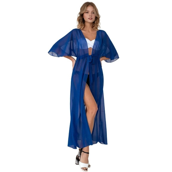 Women Cover Ups Swimsuit Chiffon Long Cardigan Open Front Bathing Suit Summer Flowy Bikini Beachwear Dark Blue One size