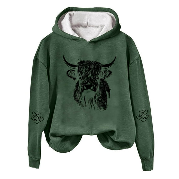 Women Cow Print Hoodie for Women Western Cow Pattern Sweatshirt Casual Comfy Dark Green 3XL