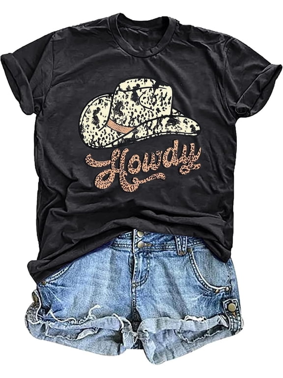 Women Cow Skull Western Rodeo Cowboy Round Neck Women T‑Shirt