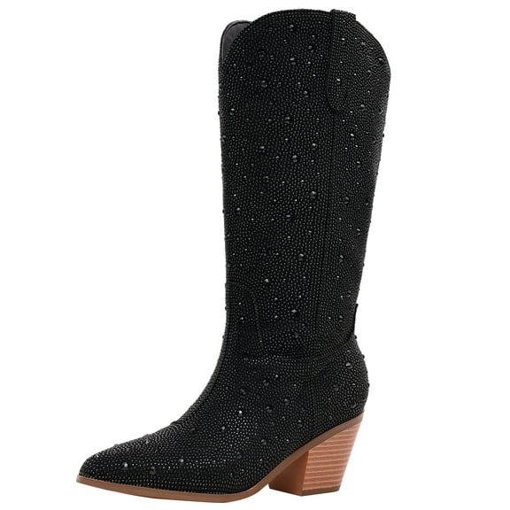 Women Cowboy Boots Cowgirl Rhinestone Mid Calf Western Boots Sparkly Glitter Boots Bling Pointed Toe Chunky Heel Pull On