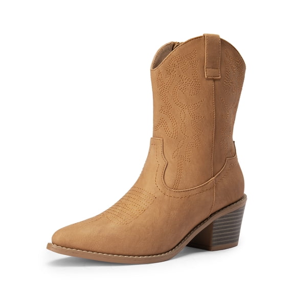 Women Cowboy Boots Pointed Toe Chunky Heel Western Cowgirl Boots with Side Zipper Pull On Stitched Ankle Boots for Casual Riding or Fashion