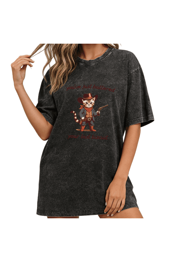 Women Cowboy Cat Funny Meme Graphic Fun Tees Tops Round Neck Washed Cotton T-Shirt Black S-2XL Plus Size