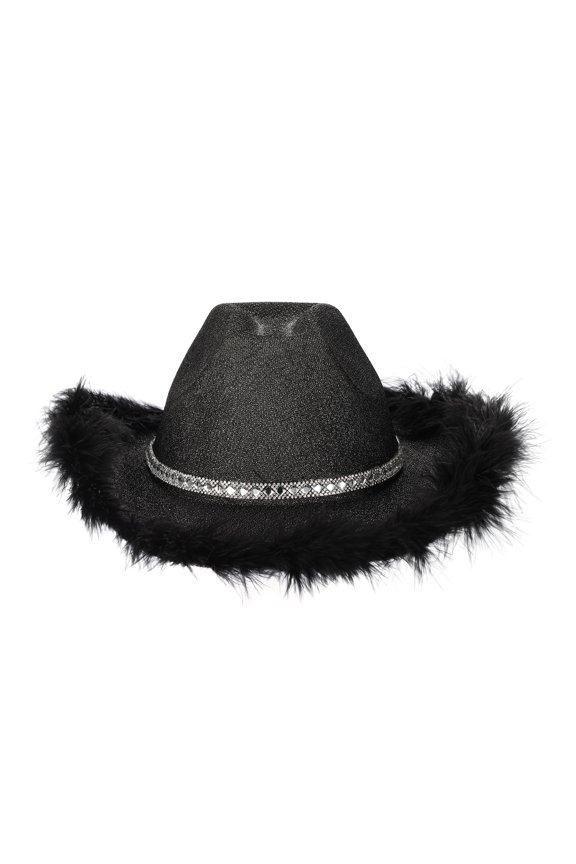 Women Cowboy Feather Shiny Western Flash Powder Hat Raw Edge Diamond Carnival Rhinestone Strip Velvet
