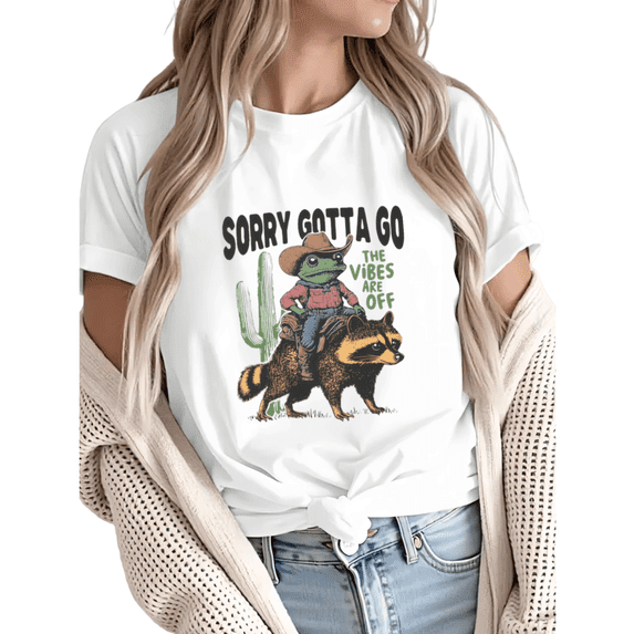 Women Cowboy Frog Riding Raccoon Western Graphic fun Tees T Shirt Tops Round Neck Cotton T Shirt White S-5XL