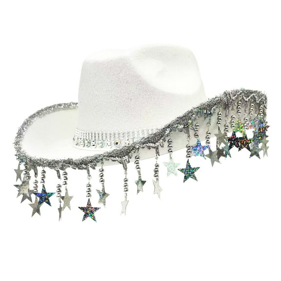 Women Cowboy Hat Rhinestone Cowgirl Hat with Iridescent Star Tassel Felt Western Hat Christmas Music Party Decoration
