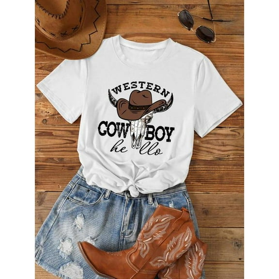 Women Cowboy Tee White S-5XL Western Graphic Short Sleeve Cotton T-Shirt Top Casual Summer