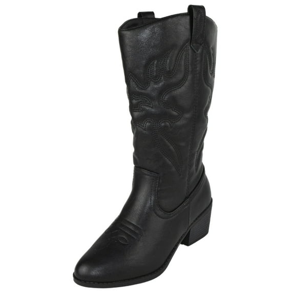 Women Cowgirl Cowboy Stitched Mid Calf Forever Boots Pointy Toe Western All Black 6