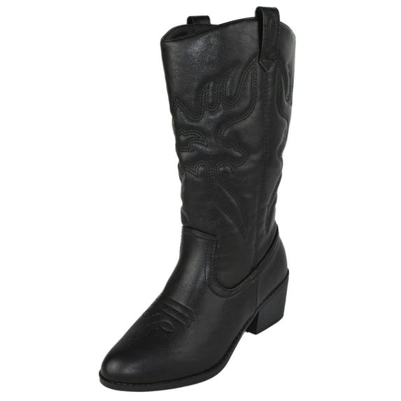 Women Cowgirl Cowboy Stitched Mid Calf Forever Boots Pointy Toe Western All Black 7
