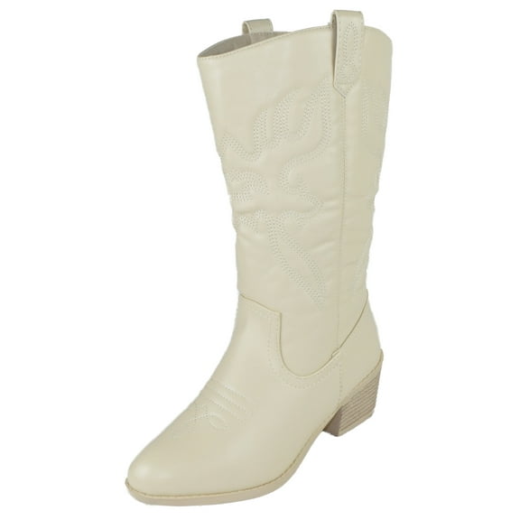 Women Cowgirl Cowboy Stitched Mid Calf Forever Boots Pointy Toe Western Beige Cream Bone 6.5