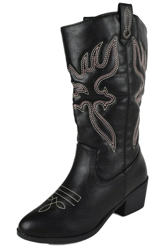 Women Cowgirl Cowboy Stitched Mid Calf Forever Boots Pointy Toe Western Black / Colored Stitching 5.5