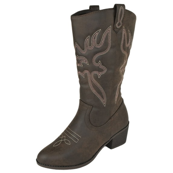 Women Cowgirl Cowboy Stitched Mid Calf Forever Boots Pointy Toe Western Dark Brown 8