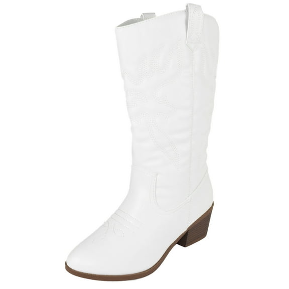 Women Cowgirl Cowboy Stitched Mid Calf Forever Boots Pointy Toe Western White 10
