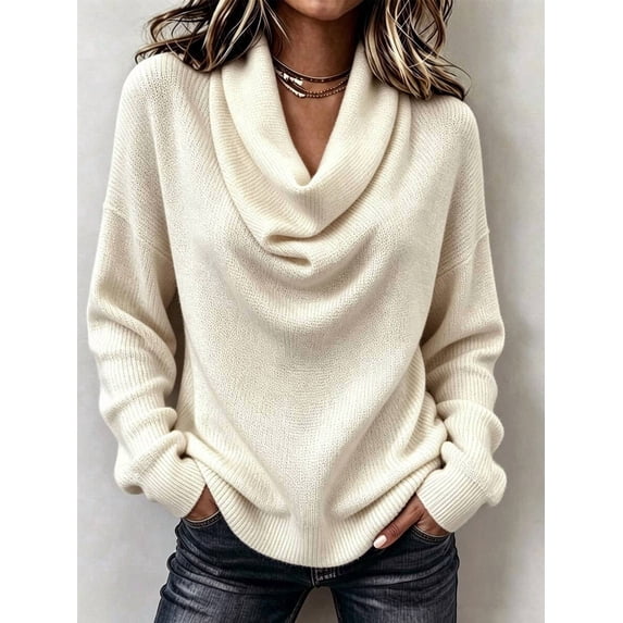 Women Cowl Neck Knit Sweater, Long Sleeve Loose Fit Solid Pullover, Casual Autumn Jumper for Daily Commute Holiday Home Wear
