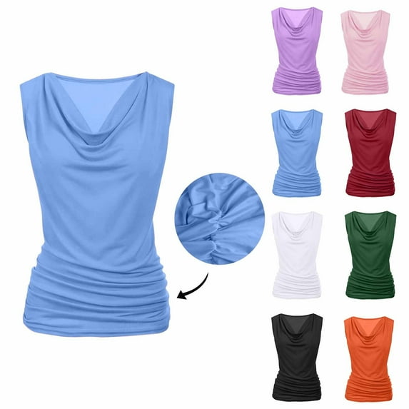 Women Cowl Neck Tank Tops Summer Ruched Sleeveless Shirts Casual Business Basic Tunic Tops Stretchy Blouse
