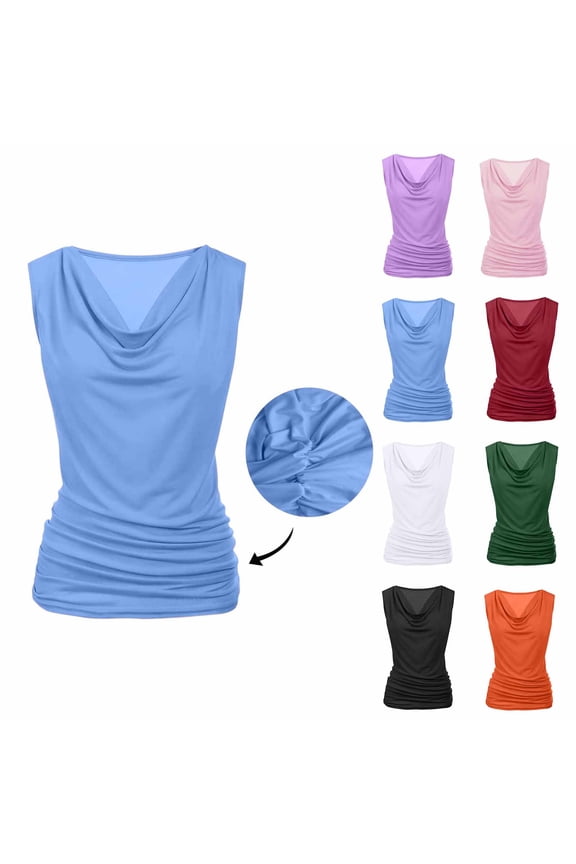 Women Cowl Neck Tank Tops Summer Ruched Sleeveless Shirts Casual Business Basic Tunic Tops Stretchy Blouse