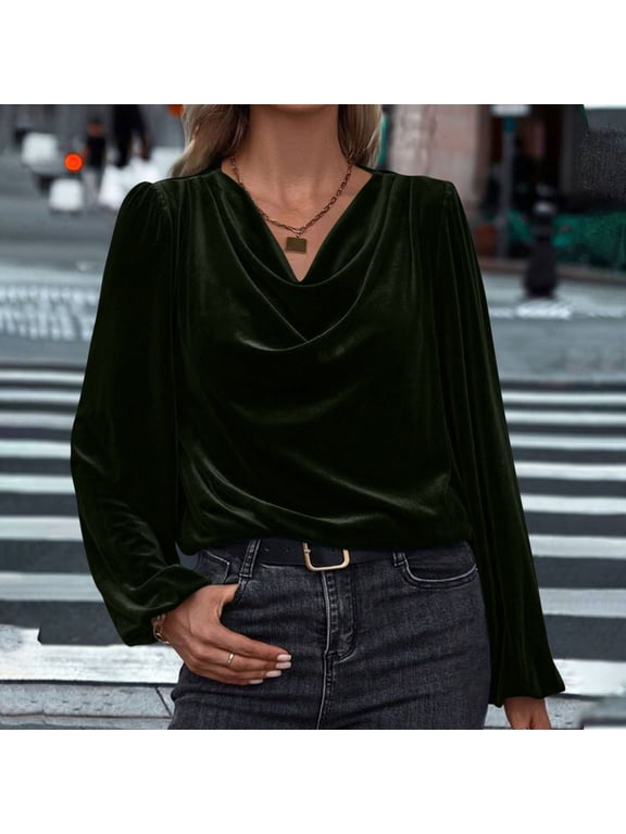Women Cowl Neck Velvet Long Sleeve Blouse Elegant Casual Solid Tops Army Green M