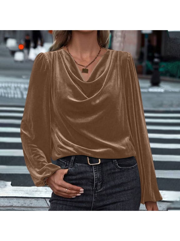 Women Cowl Neck Velvet Long Sleeve Blouse Elegant Casual Solid Tops Camel XXL