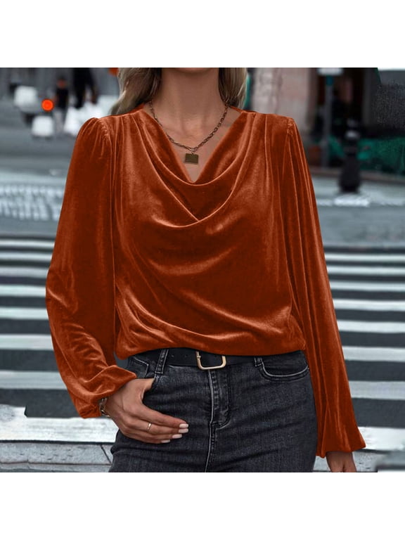 Women Cowl Neck Velvet Long Sleeve Blouse Elegant Casual Solid Tops Rust L