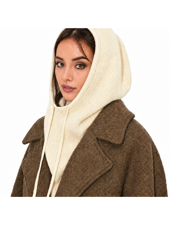 Women Cozy Fall Winter Acrylic Knit Hat with Attached Neck Warmer, Off‑White