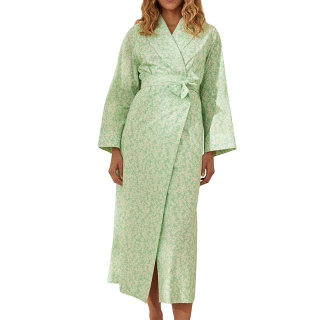 Women Cozy Home Robe Kimono Collar Floral Print Long Sleeve Bathrobe