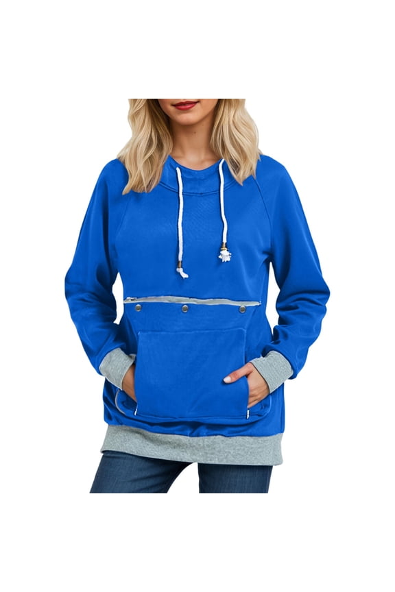 Women Cozy Hooded Sweatshirt Large Pet Pouch Pocket Casual Warm Loungewear Winter Pullover Jacket Blue