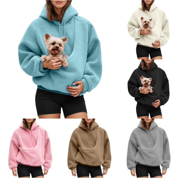 Women Cozy Pet Pouch Hoodie - Kangaroo Carrier Sweatshirt for Cats and Small Dogs Oversized Pullover